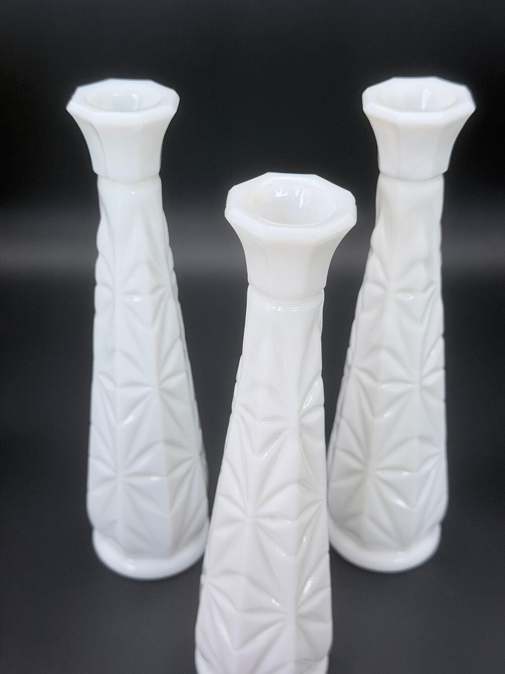 Vintage Hoosier Glass 4044 Milk Glass Starburst Bud Vases 9 Inch Set of 3